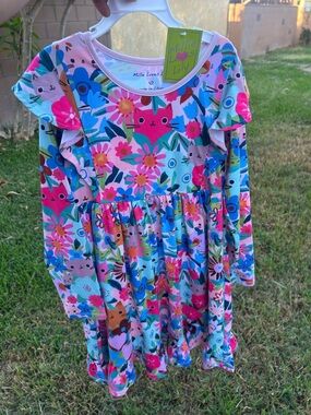 Millie Loves Lily Pink Floral Cat Print Long Sleeve Dress for Kids